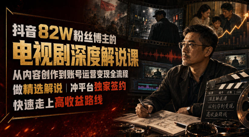 抖音82W粉丝博主的电视剧深度解说课，从内容创作到账号运营变现全流程，做精选解说，冲平台独家签约，快速走上高收益路线-靠谱项目库