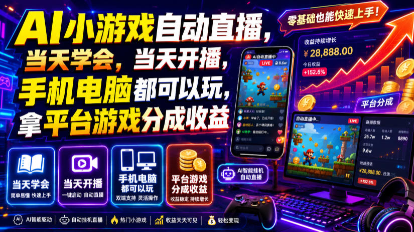 AI小游戏自动直播，当天学会，当天开播，手机电脑都可以玩，拿平台游戏分成收益-靠谱项目库