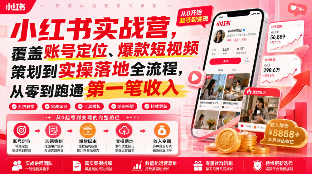 小红书实战营，覆盖账号定位、爆款短视频策划到实操落地全流程，从零到跑通第一笔收入-靠谱项目库