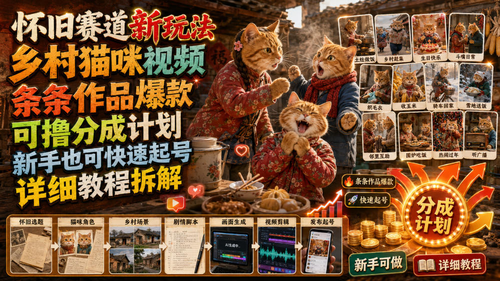 怀旧赛道新玩法，乡村猫咪视频，条条作品爆款，可撸分成计划，新手也可快速起号，详细教程拆解-靠谱项目库