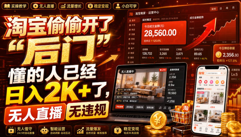 淘宝偷偷开了“后门”，懂的人已经日入2K+了，无人直播无违规，一台电脑=一家24小时营业的线上门店【揭秘】-靠谱项目库