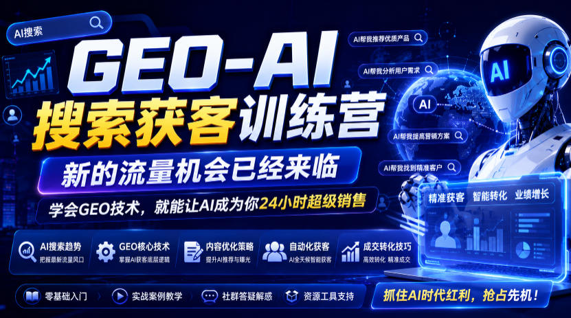 GEO-AI搜索获客训练营，新的流量机会已经来临，学会GEO技术，就能让AI成为你24小时超级销售-靠谱项目库