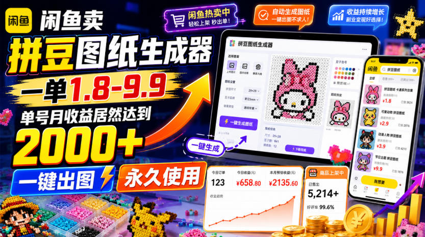 闲鱼卖拼豆图纸生成器，一单1.8-9.9，单号月收益居然达到2000+一键出图永久使用-靠谱项目库