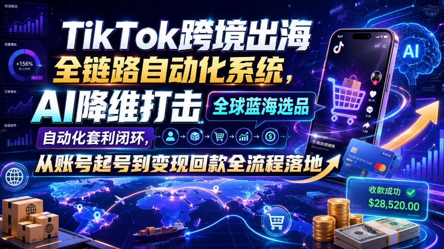 TikTok跨境出海全链路自动化系统，AI降维打击全球蓝海选品自动化套利闭环，从账号起号到变现回款全流程落地（2026年7月）-靠谱项目库