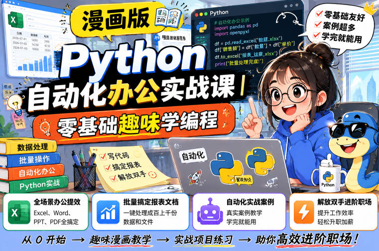 漫画版Python自动化办公实战课｜零基础趣味学编程，全场景办公提效、批量搞定报表文档、解放双手进阶职场-靠谱项目库