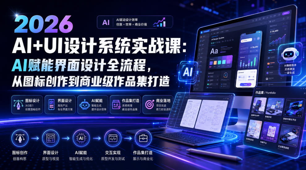2026 AI+UI设计系统实战课：AI赋能界面设计全流程，从图标创作到商业级作品集打造-靠谱项目库
