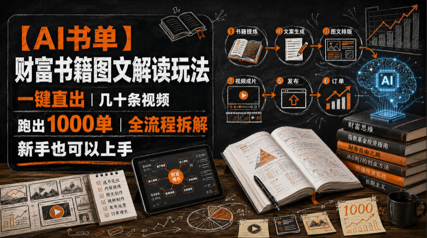 【AI书单】财富书籍图文解读玩法，一键直出，几十条视频，跑出1000单，全流程拆解，新手也可以上手-靠谱项目库