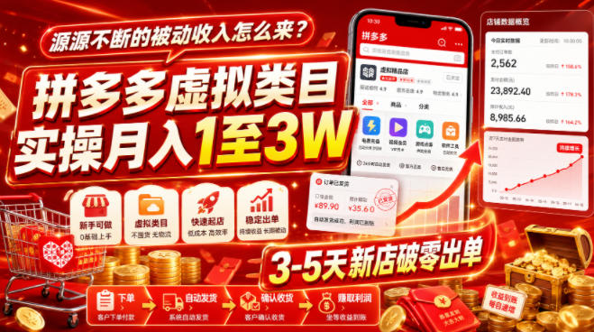 源源不断的被动收入怎么来？拼多多虚拟类目实操月入1至3W，3-5天新店破零出单-靠谱项目库