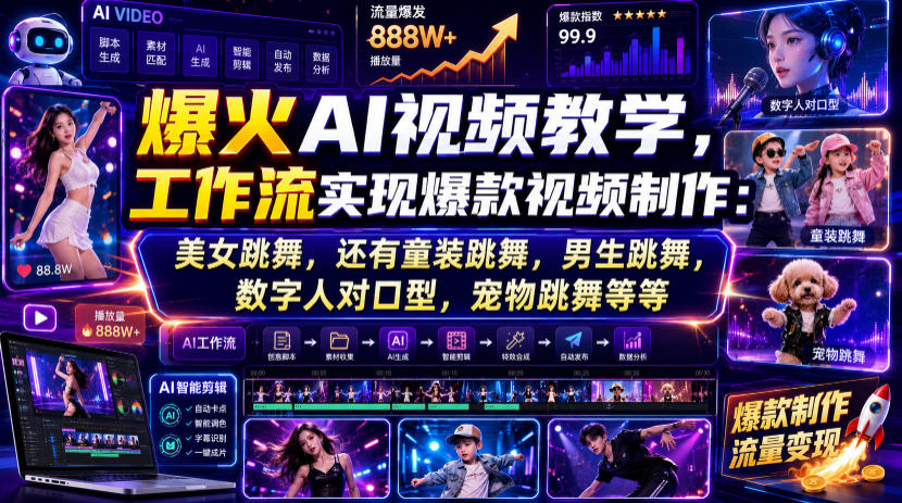 爆火AI视频教学，工作流实现爆款视频制作：美女跳舞，还有童装跳舞，男生跳舞，数字人对口型，宠物跳舞等等-靠谱项目库