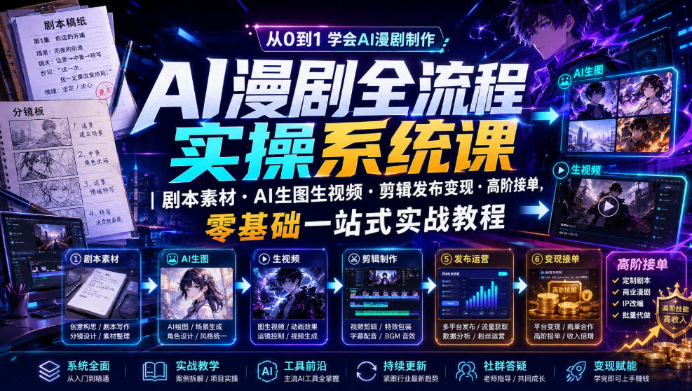 AI漫剧全流程实操系统课｜剧本素材・AI生图生视频・剪辑发布变现・高阶接单，零基础一站式实战教程-靠谱项目库