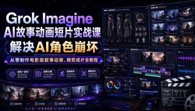 Grok Imagine AI故事动画短片实战课｜解决AI角色崩坏，从零制作电影级叙事动画、精剪成片全教程（中英字幕）-靠谱项目库