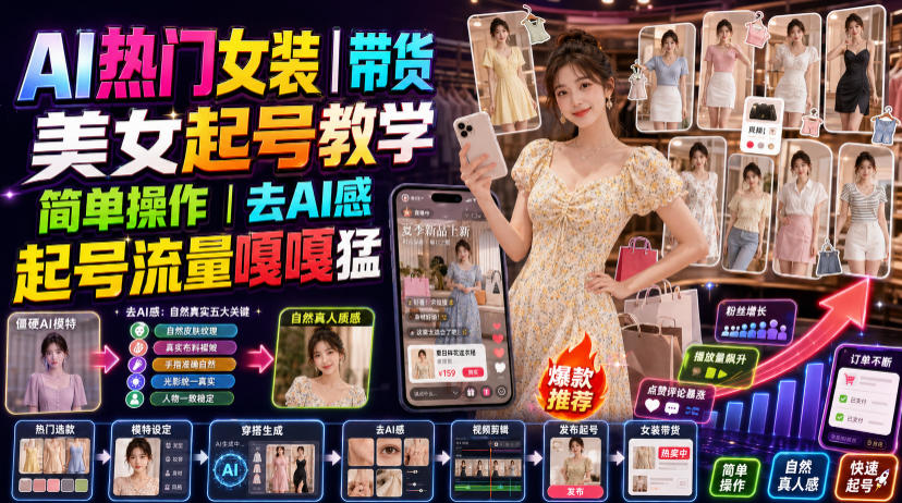 AI热门女装带货丨美女起号教学，简单操作，去AI感，起号流量嘎嘎猛-靠谱项目库