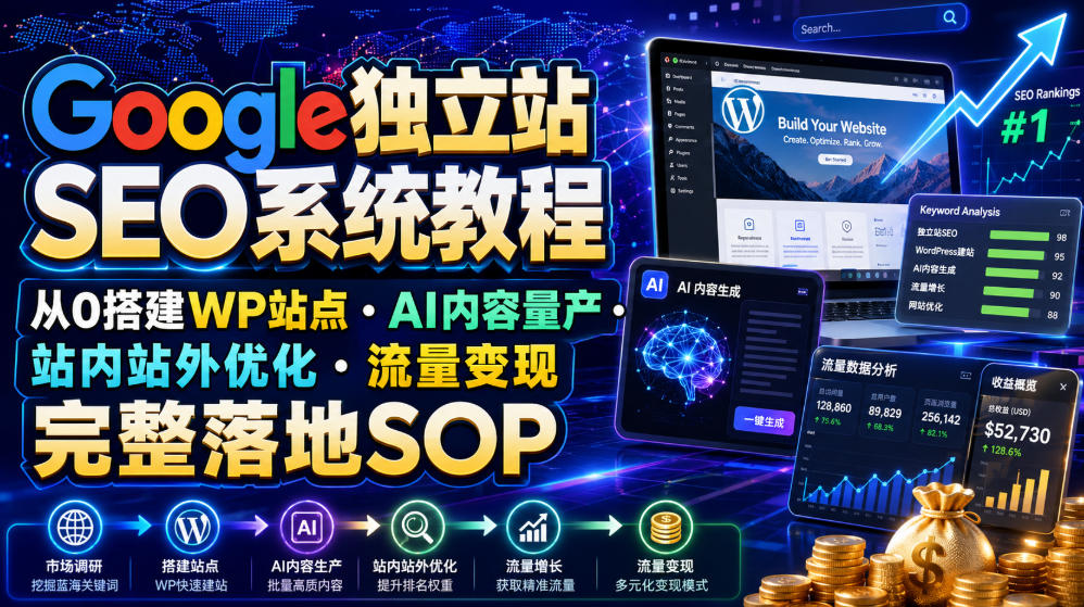 Google独立站SEO系统教程，从0搭建WP站点・AI内容量产・站内站外优化・流量变现完整落地SOP（2026年7月）-靠谱项目库