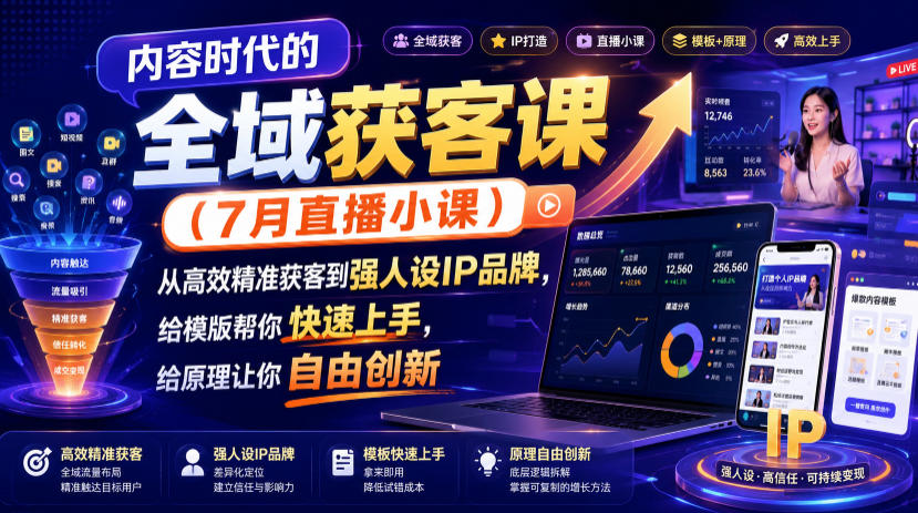 内容时代的全域获客课（7月直播小课），从高效精准获客到强人设IP品牌，给模版帮你快速上手，给原理让你自由创新-靠谱项目库