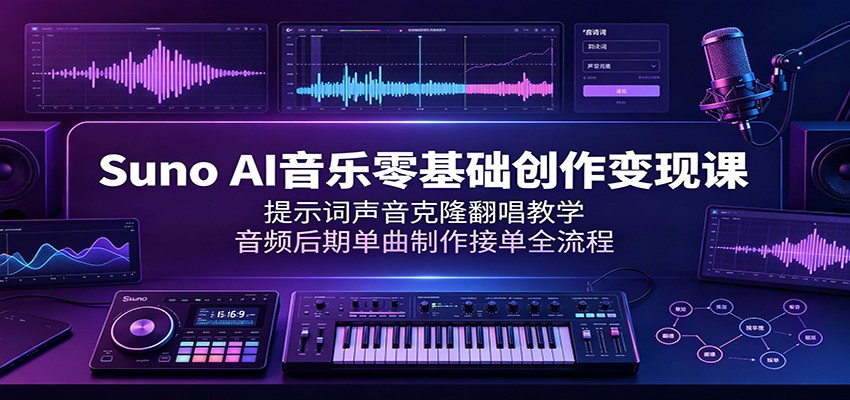 Suno AI音乐零基础创作变现课：提示词声音克隆翻唱教学，音频后期单曲制作接单全流程-靠谱项目库