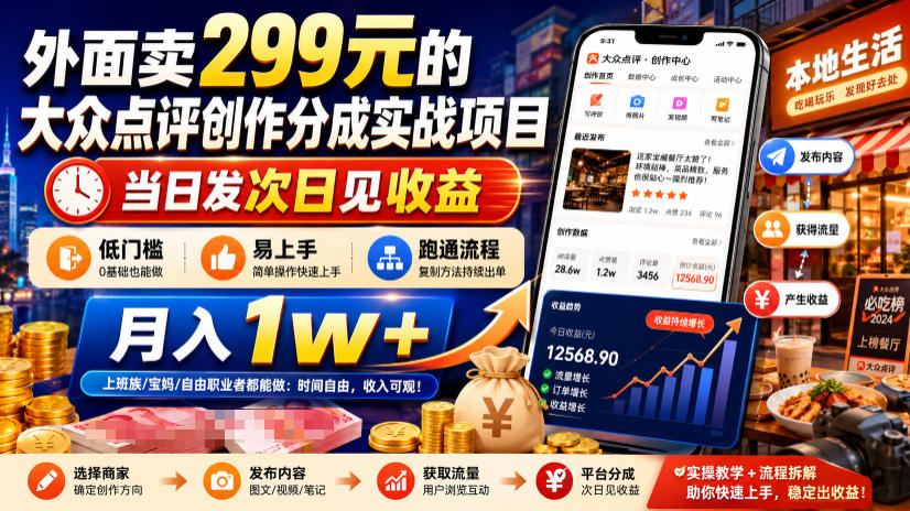 外面卖299元的大众点评创作分成实战项目，当日发次日见收益，低门槛易上手，跑通流程月入1w+-靠谱项目库