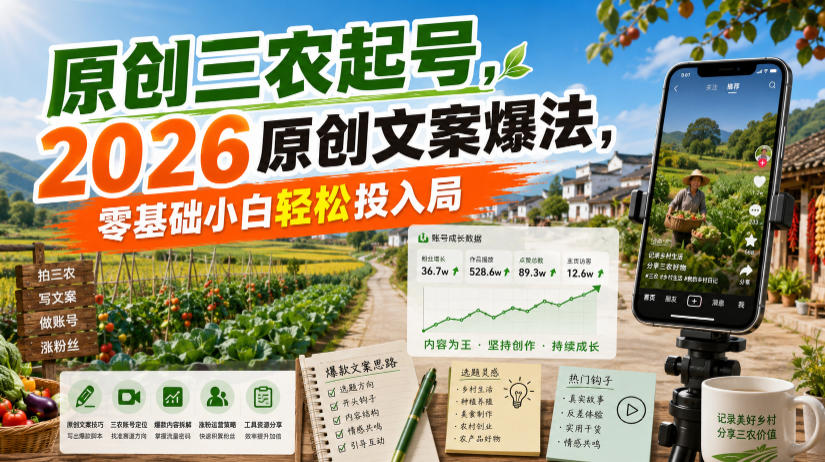 原创三农起号,2026原创文案爆法,零基础小白轻松投入局-靠谱项目库