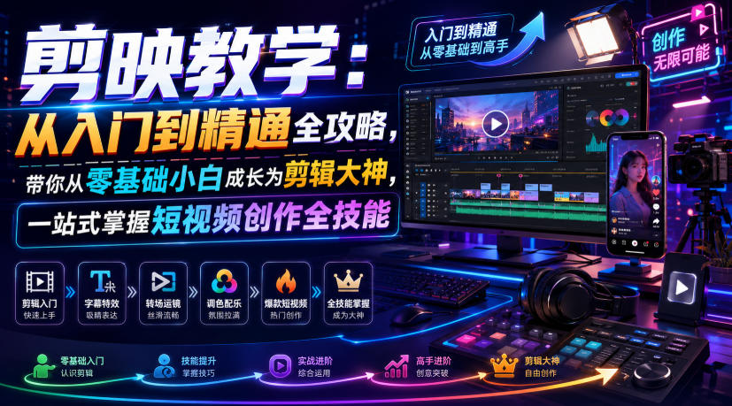 剪映教学：从入门到精通全攻略，带你从零基础小白成长为剪辑大神，一站式掌握短视频创作全技能-靠谱项目库