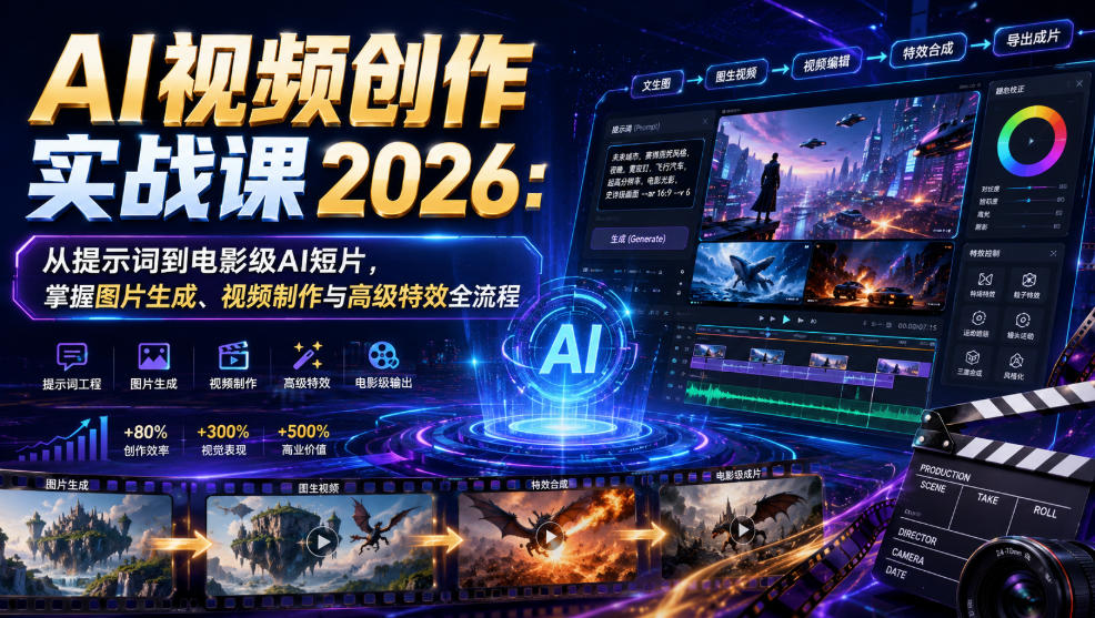 AI视频创作实战课2026：从提示词到电影级AI短片，掌握图片生成、视频制作与高级特效全流程-靠谱项目库