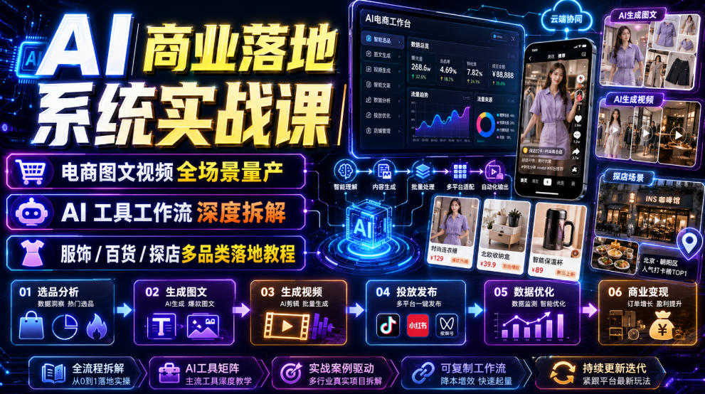 AI商业落地系统实战课｜电商图文视频全场景量产・AI工具工作流深度拆解・服饰/百货/探店多品类落地教程-靠谱项目库