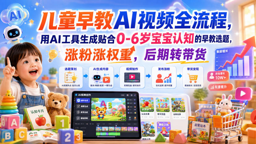 儿童早教AI视频全流程，用AI工具生成贴合0-6岁宝宝认知的早教选题，涨粉涨权重，后期转带货-靠谱项目库