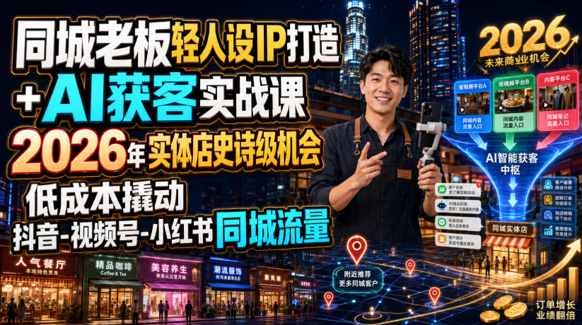 同城老板轻人设IP打造+AI获客实战课，2026年实体店史诗级机会，低成本撬动抖音-视频号-小红书同城流量-靠谱项目库
