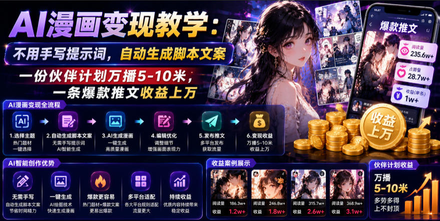 AI漫画变现教学：不用手写提示词，自动生成脚本文案，一份伙伴计划万播5-10米，一条爆款推文收益上W-靠谱项目库
