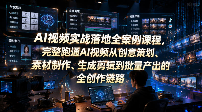 AI视频实战落地全案例课程,完整跑通AI视频从创意策划、素材制作、生成剪辑到批量产出的全创作链路-靠谱项目库