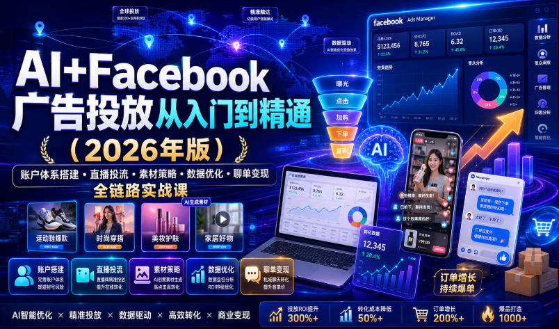AI+Facebook广告投放从入门到精通（2026年版）｜账户体系搭建・直播投流・素材策略・数据优化・聊单变现全链路实战课-靠谱项目库