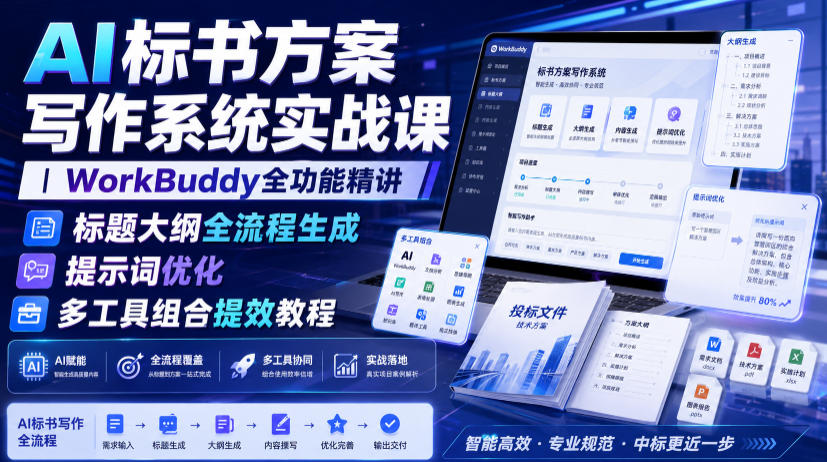 AI标书方案写作系统实战课｜WorkBuddy全功能精讲・标题大纲全流程生成・提示词优化・多工具组合提效教程-靠谱项目库