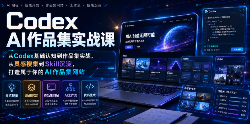 Codex AI作品集实战课,从Codex基础认知到作品集实战,从灵感搜集到Skill沉淀,打造属于你的AI作品集网站-靠谱项目库
