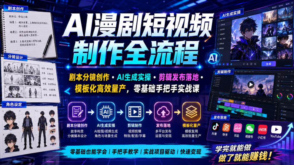 AI漫剧短视频制作全流程｜剧本分镜创作・AI生成实操・剪辑发布落地・模板化高效量产，零基础手把手实战课-靠谱项目库