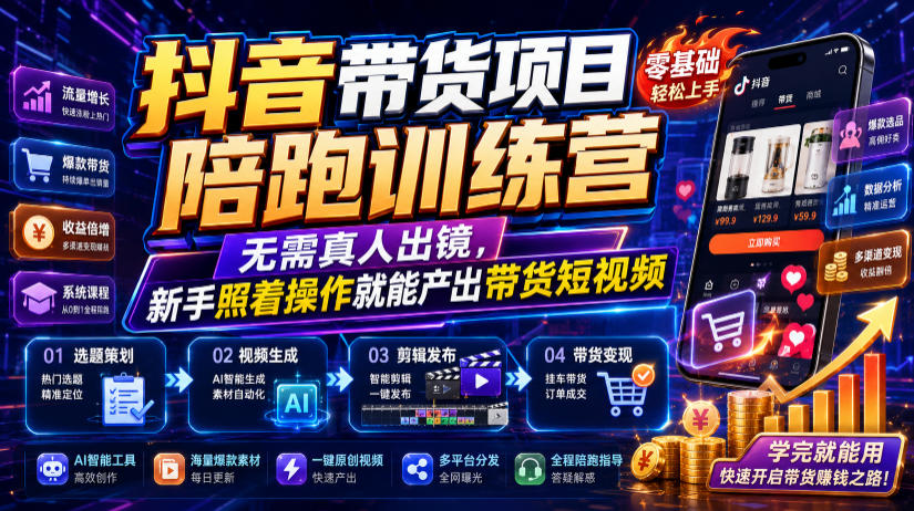 抖音带货项目陪跑训练营，无需真人出镜，新手照着操作就能产出带货短视频-靠谱项目库