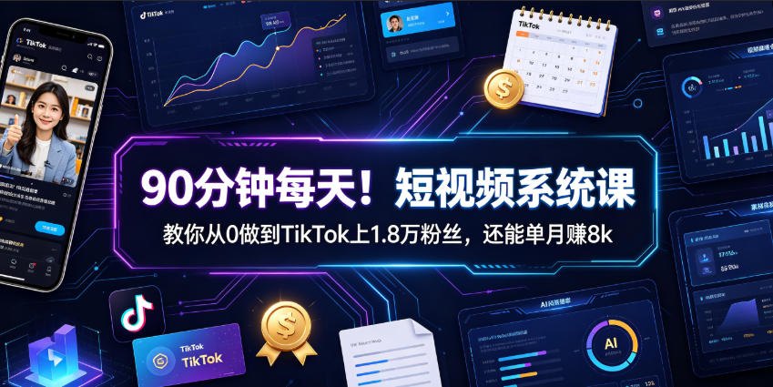 90分钟每天！短视频系统课教你从0做到TikTok上1.8万粉丝，还能单月賺8k【原创双语字幕】-靠谱项目库