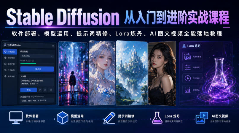 Stable Diffusion从入门到进阶实战课程|软件部署、模型运用、提示词精修、Lora炼丹、AI图文视频全能落地教程-靠谱项目库