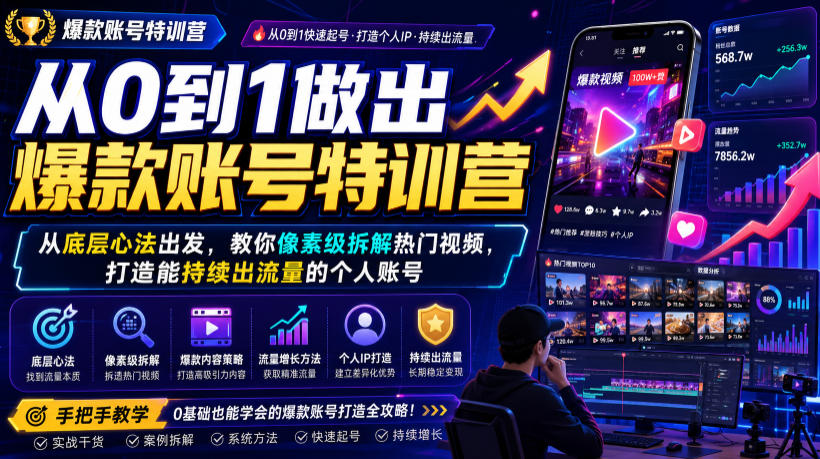 从0到1做出爆款账号特训营，从底层心法出发，教你像素级拆解热门视频，打造能持续出流量的个人账号-靠谱项目库