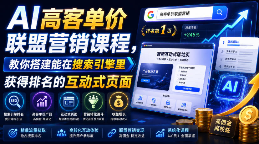 AI高客单价联盟营销课程，教你搭建能在搜索引擎里获得排名的互动式页面，引来流量，把访客转化为高佣金的成交【原创双语字幕】-靠谱项目库