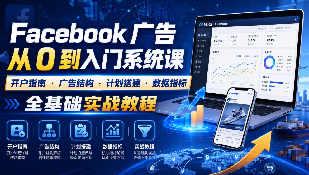 Facebook广告新手从0到入门系统课｜开户指南・广告结构・计划搭建・数据指标全基础实战教程-靠谱项目库