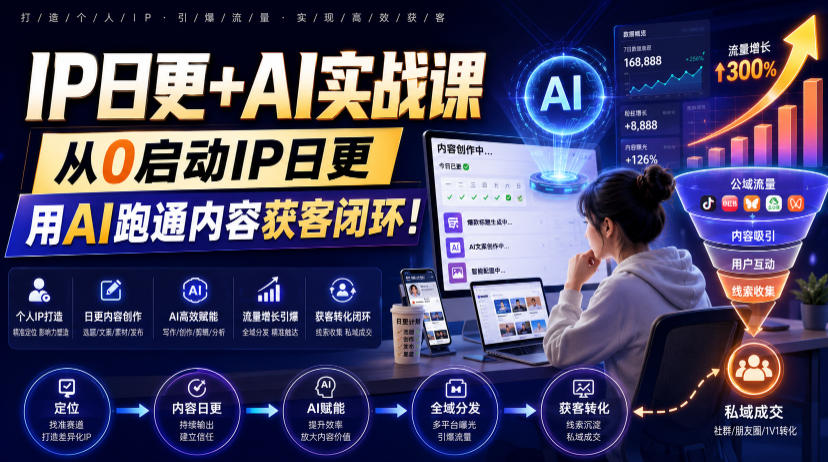 IP日更+AI实战课，从0启动IP日更，IP置顶视频制作+100条选题库搭建+10条日更规划，用AI跑通内容获客闭环!-靠谱项目库
