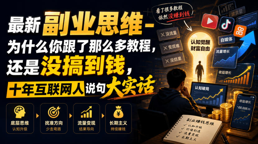 最新副业思维-为什么你跟了那么多教程，还是没搞到钱，十年互联网人说句大实话【揭秘】-靠谱项目库