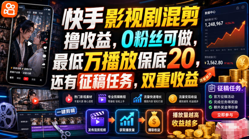 快手影视剧混剪撸收益，0粉丝可做，最低万播放保底20，还有征稿任务，双重收益-靠谱项目库