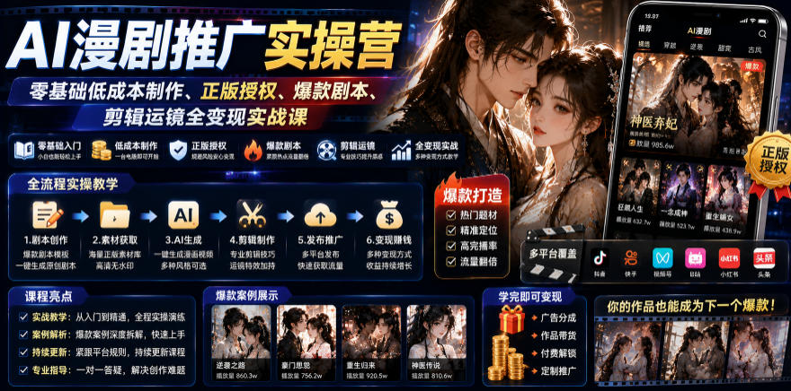 AI漫剧推广实操营｜零基础低成本制作、正版授权、爆款剧本、剪辑运镜全变现实战课-靠谱项目库