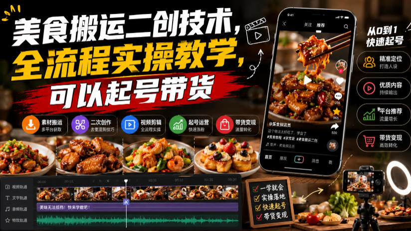 美食搬运二创技术,全流程实操教学,可以起号带货-靠谱项目库