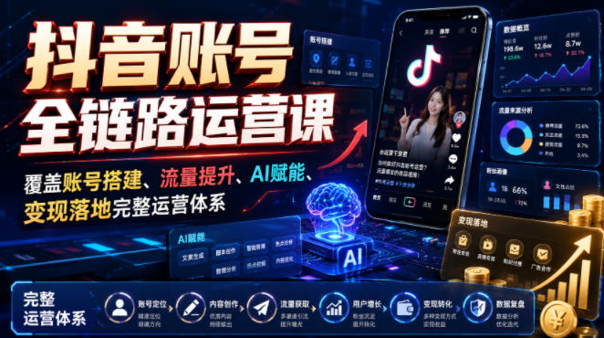 抖音账号全链路运营课，覆盖账号搭建、流量提升、AI赋能、变现落地完整运营体系-靠谱项目库