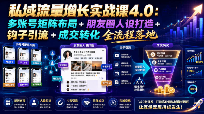 私域流量增长实战课4.0：多账号矩阵布局+朋友圈人设打造+钩子引流+成交转化全流程落地-靠谱项目库