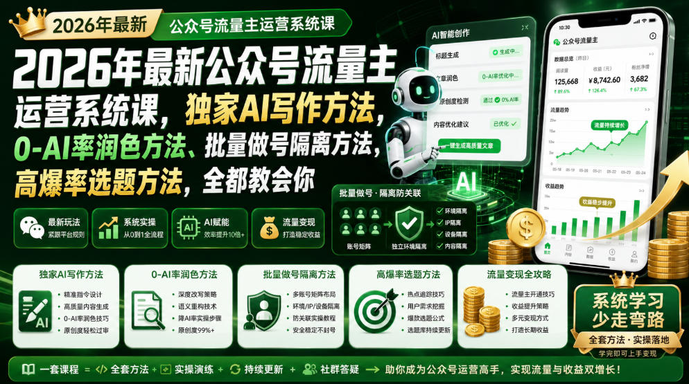 2026年最新公众号流量主运营系统课，独家AI写作方法，0-AI率润色方法、批量做号隔离方法、高爆率选题方法，全都教会你-靠谱项目库
