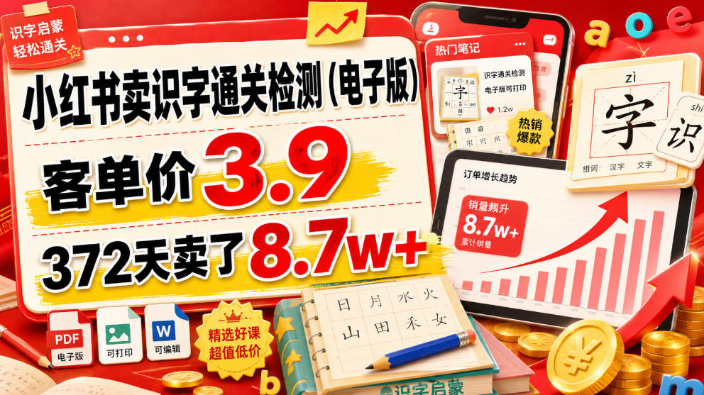 小红书卖识字通关检测（电子版），客单价3.9，372天卖了8.7w+-靠谱项目库