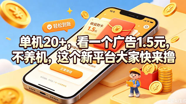 单机20+，看一个广告1.5米，不养机，这个新平台大家快来撸【揭秘】-靠谱项目库
