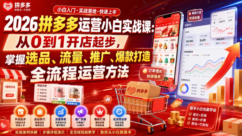 2026拼多多运营小白实战课：从0到1开店起步，掌握选品、流量、推广、爆款打造全流程运营方法-靠谱项目库