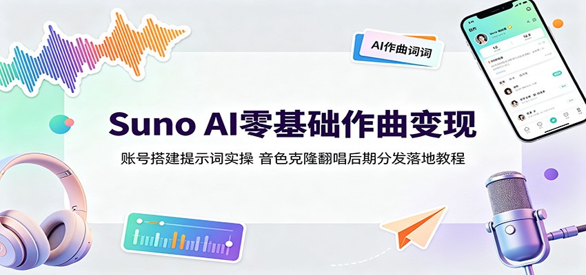 Suno AI零基础作曲变现：账号搭建提示词实操，音色克隆翻唱后期分发落地教程-靠谱项目库